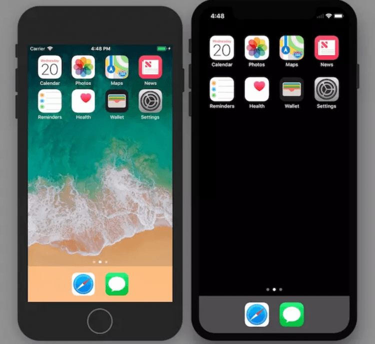 模拟器下的 iPhone 8 和 iPhone X。X 没有壁纸，但边框黑色是正常的