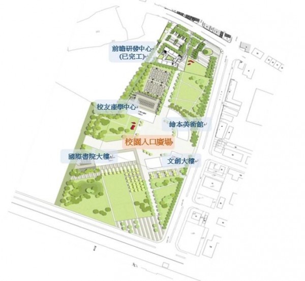 台科大竹北校區 台科大在新竹校區規劃3棟校舍大樓: 第一棟建築-「前瞻研發中心」已於2017年12月完工啟用。 第二棟建築-「先進產學大樓」(原校友產學大樓)招標中。 第三棟建築-「國際書院」(原推廣教育暨國際書院)招標中。