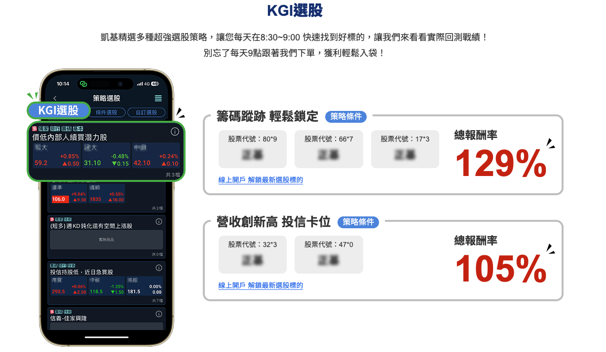 凱基證券App策略選股功能，提供技術面、籌碼面選股條件與歷史勝率回測